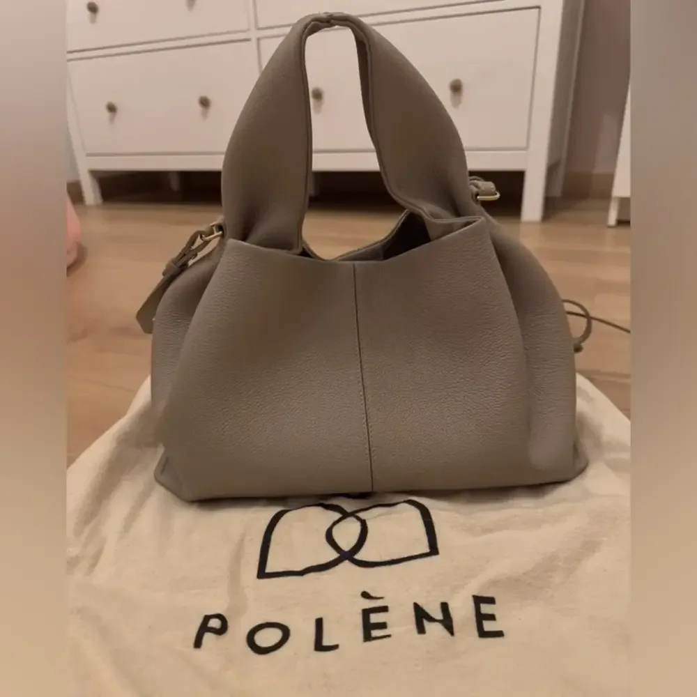 Polene Soft Pebbled Leather Shoulder Bag in Taupe Gray - Picture 1 of 3